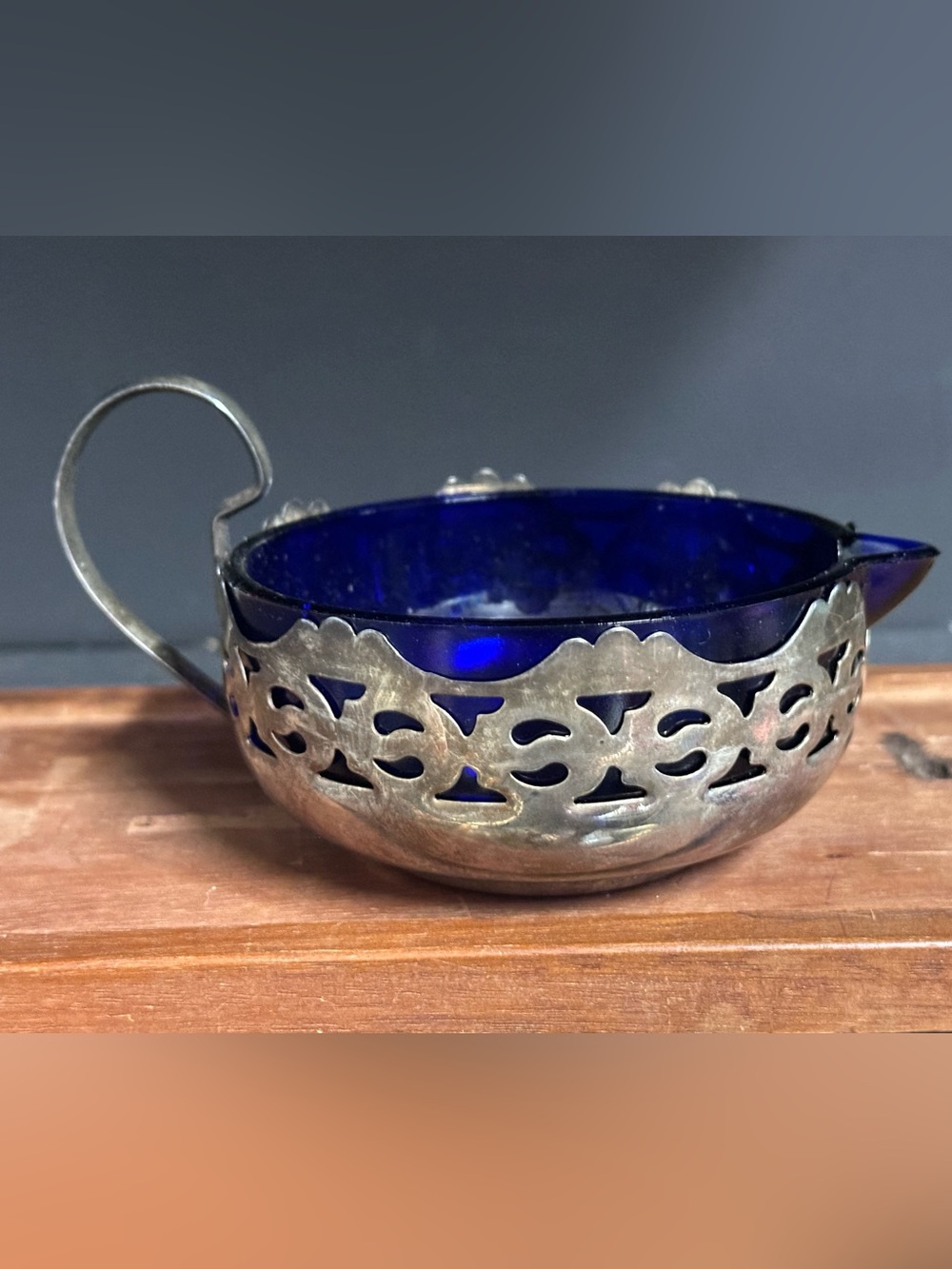 Vintage Cobalt Blue Glass Creamer Silverplate Holder Pierced Filigree Tea Server